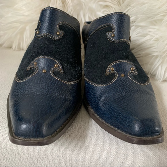 Western Navy Blue Leather Suede Studded Mule Heels - Picture 5 of 13